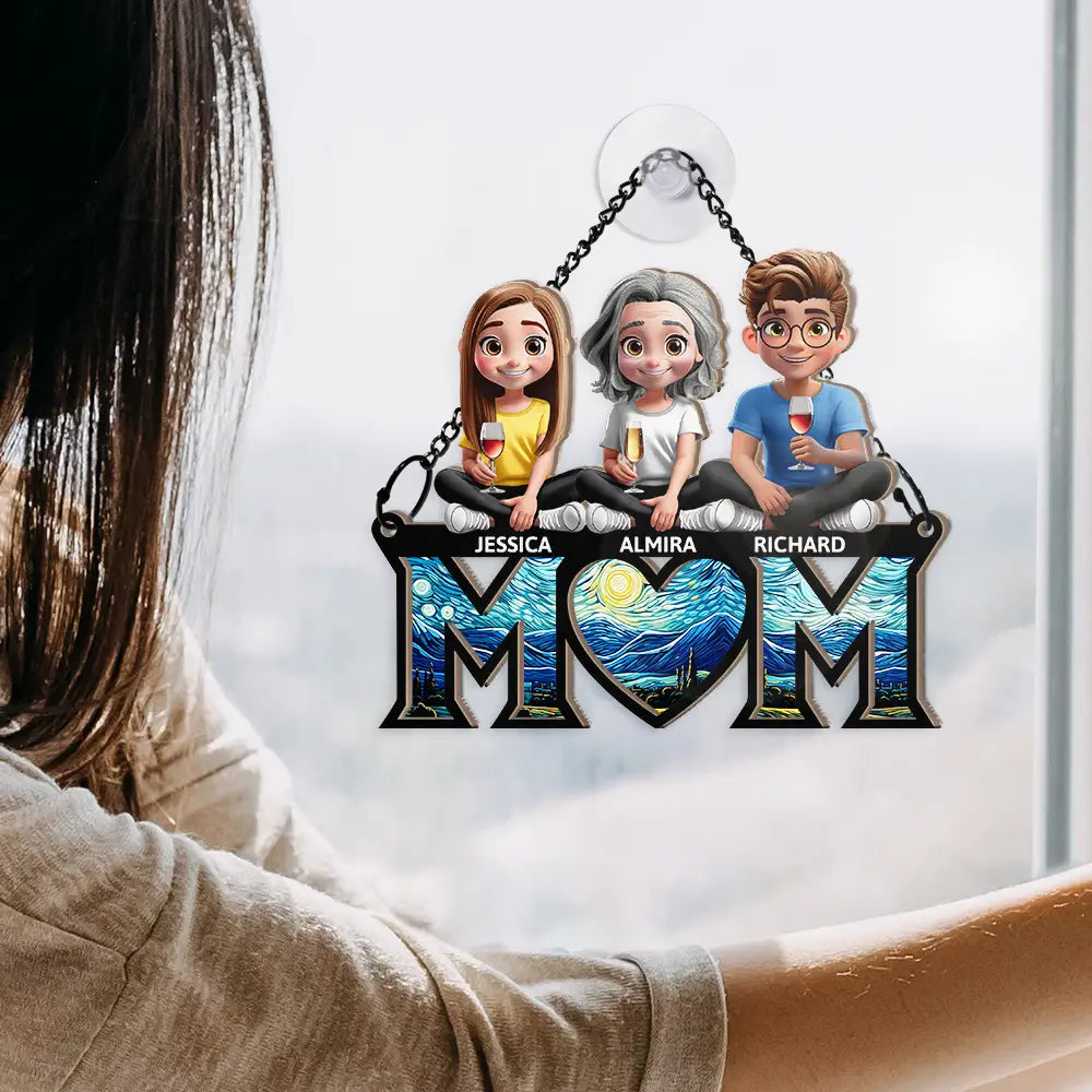 Mother Daughter Son We Love You Mom 3D Cartoon - Personalized Window Hanging Suncatcher Ornament