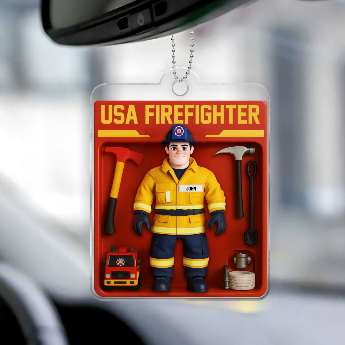 Personalized USA Firefighter Acrylic Car Hanger, Custom Figure for Firefighters