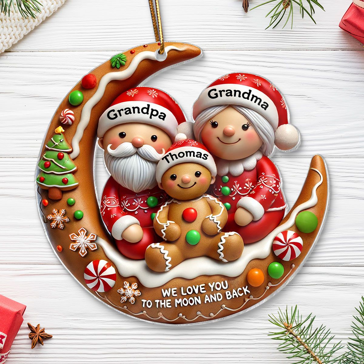 Gingerbread Grandma Grandpa Hugging Grandkid On Moon Christmas Personalized Acrylic Ornament, Gift For Granddaughter, Grandson