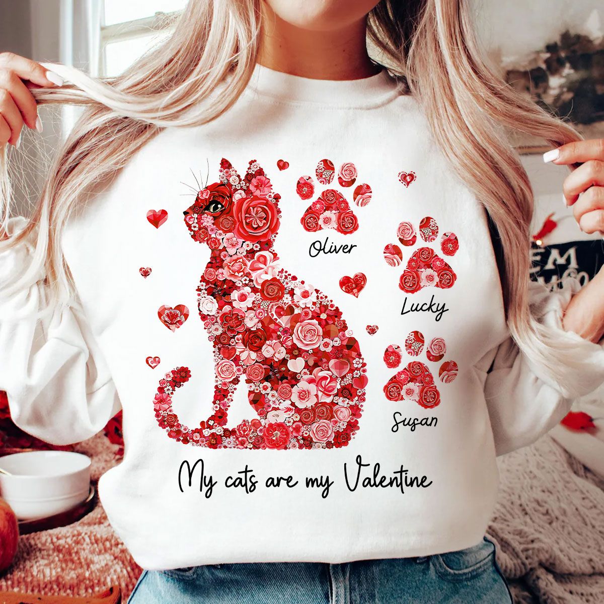 Valentine Cat Flower My Cat Is My Valentine Personalized Shirt, Gift for Cat Moms