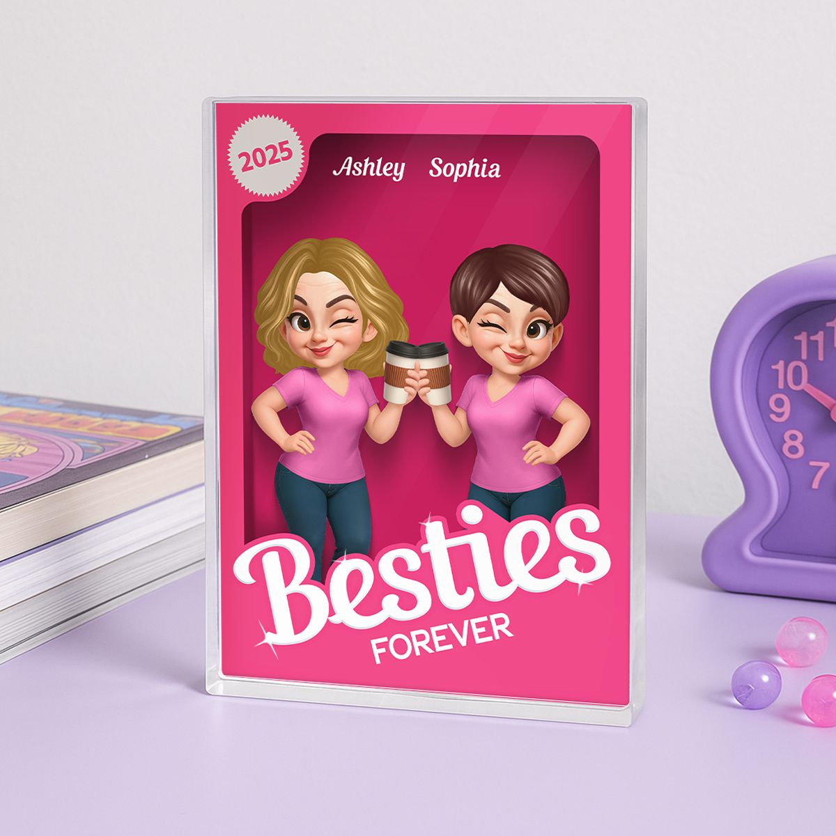 Besties Forever Pink Action Figure 3D Effect Personalized Acrylic Block, Meaningful Gift For Best Friend