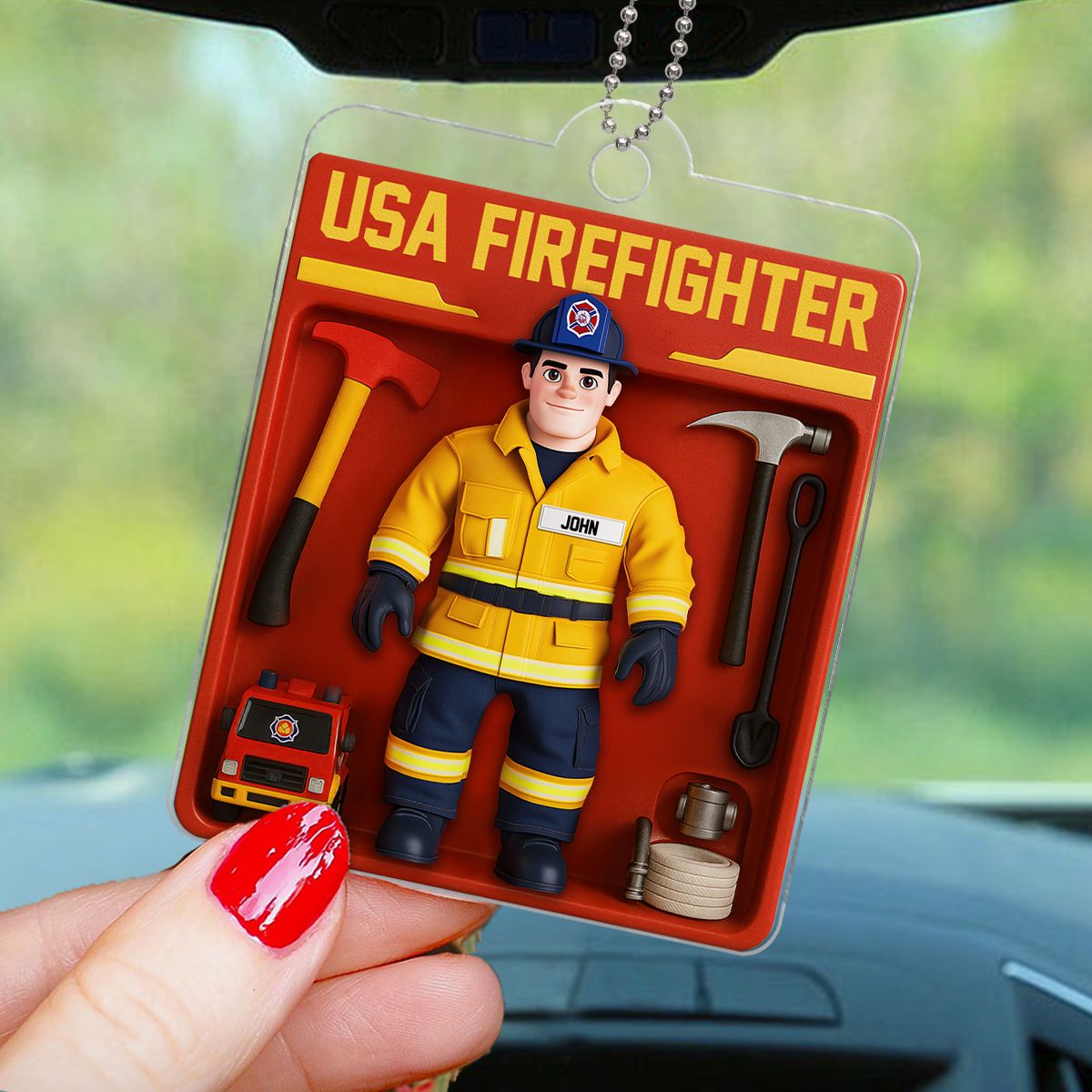 Personalized USA Firefighter Acrylic Car Hanger, Custom Figure for Firefighters