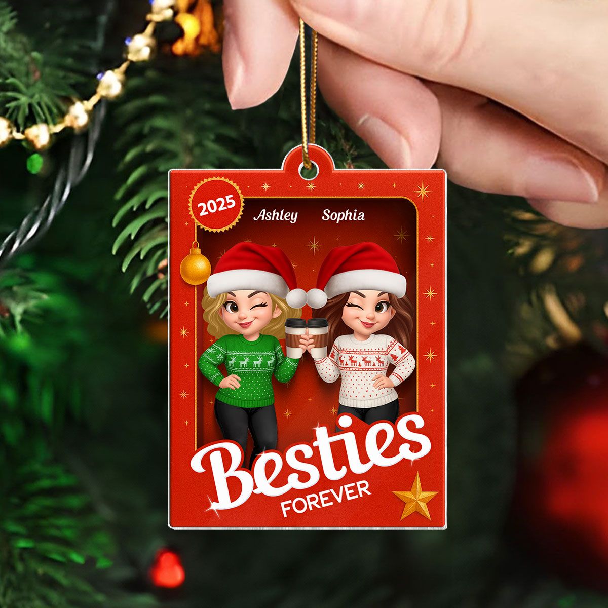 Besties Sisters 3D Effect Holiday Toy Box Personalized Acrylic Ornament, Christmas Gift for Besties, Best Friends