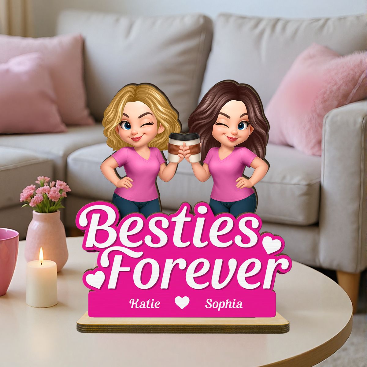 Beautiful Besties Pink Tone Personalized Flat 2-Layer Standing Wooden Plaque