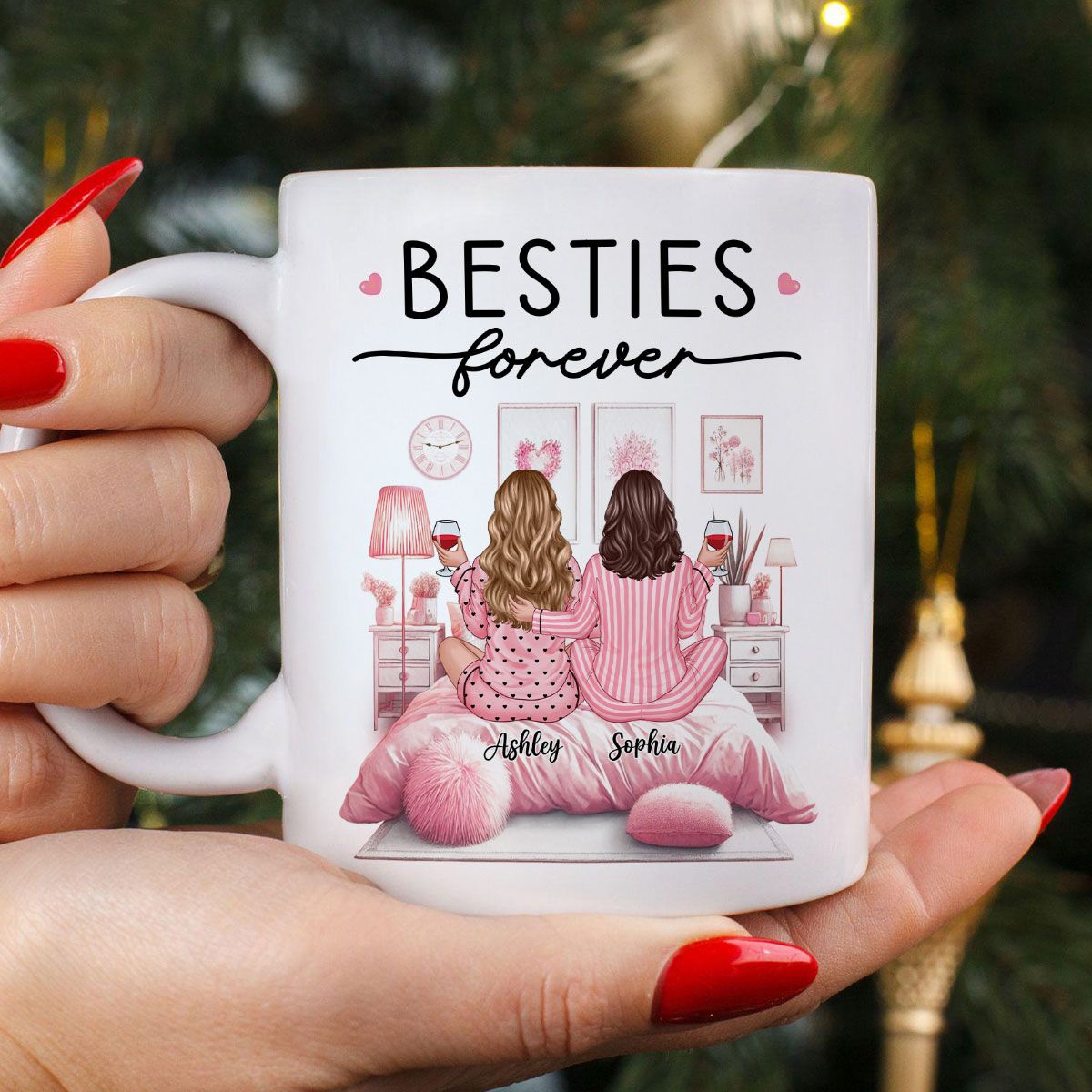 Pink Pajamas Besties In Cozy Room Personalized Mug, Heartfelt Gift For Best Friends, BFF