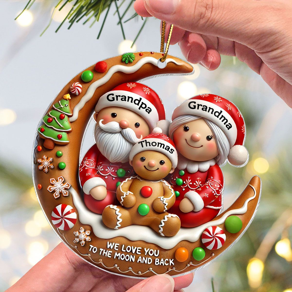 Gingerbread Grandma Grandpa Hugging Grandkid On Moon Christmas Personalized Acrylic Ornament, Gift For Granddaughter, Grandson