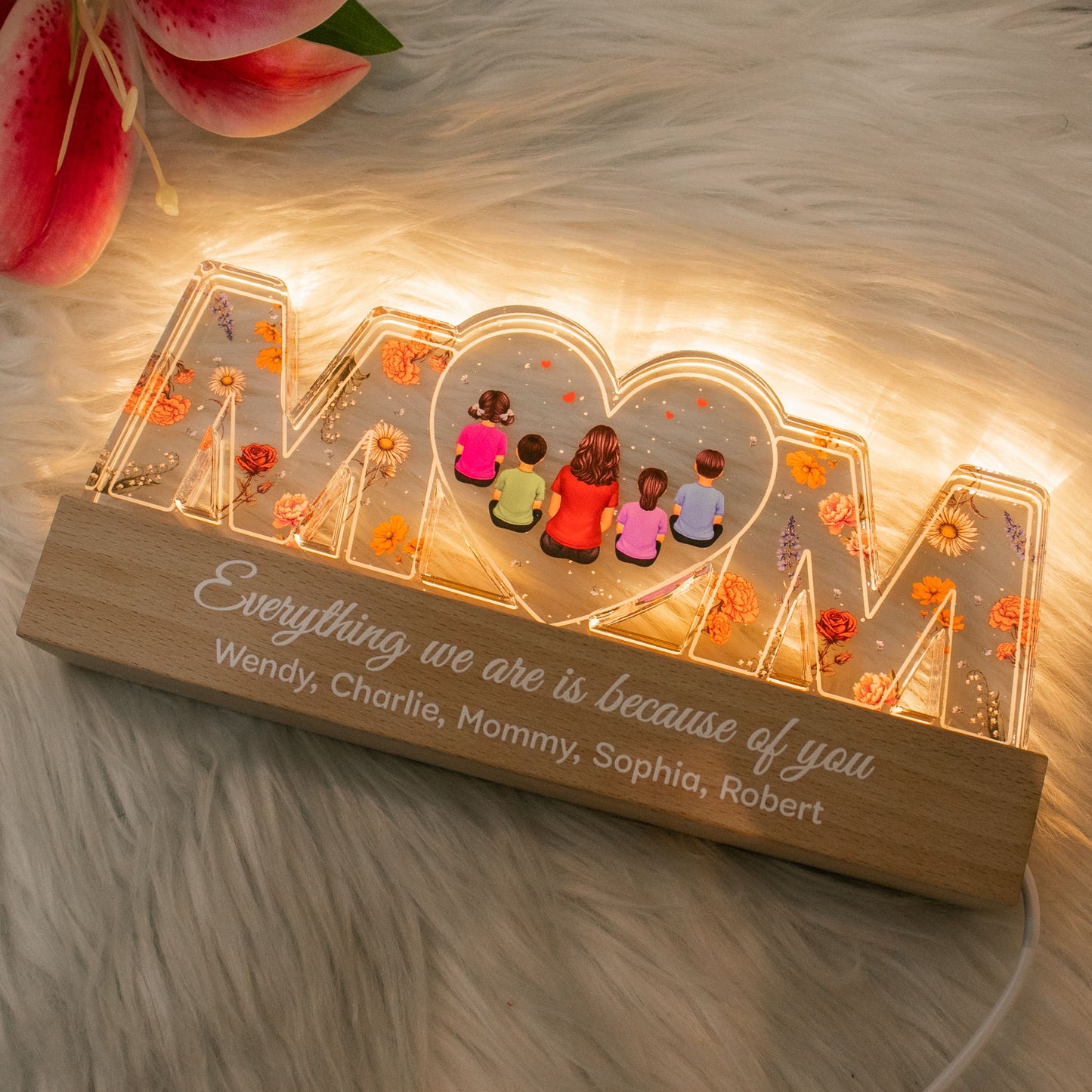 Mom Everything I Am Is Because Of You Personalized LED Night Light, Birth Month Flower, Gift For Mom, Grandma