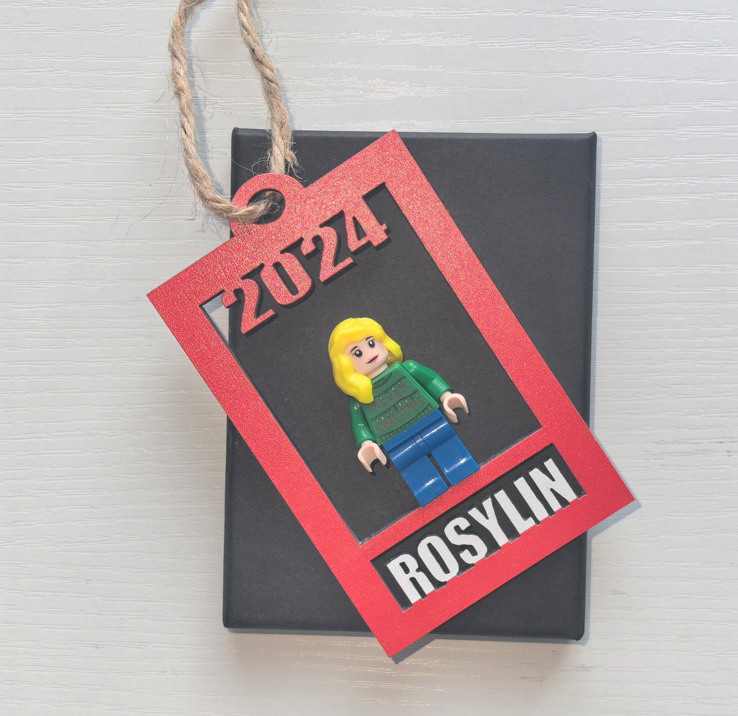 Brick Minifigure Holder Ornament w/ Name & Holiday Minifigure, Personalized Minifig Holder, Brick Christmas Ornament, Customized Unique Gift