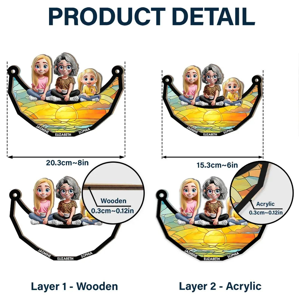 Mom Grandma Sitting With Children On The Moon - Personalized Window Hanging Suncatcher Ornament