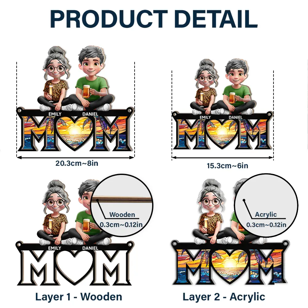 Mother Daughter Son We Love You Mom 3D Cartoon - Personalized Window Hanging Suncatcher Ornament