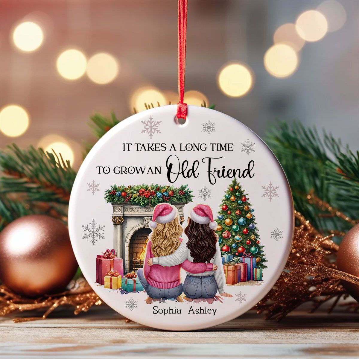 Personalized Best Friends Christmas Ornament – Cozy Holiday Scene by the Fireplace