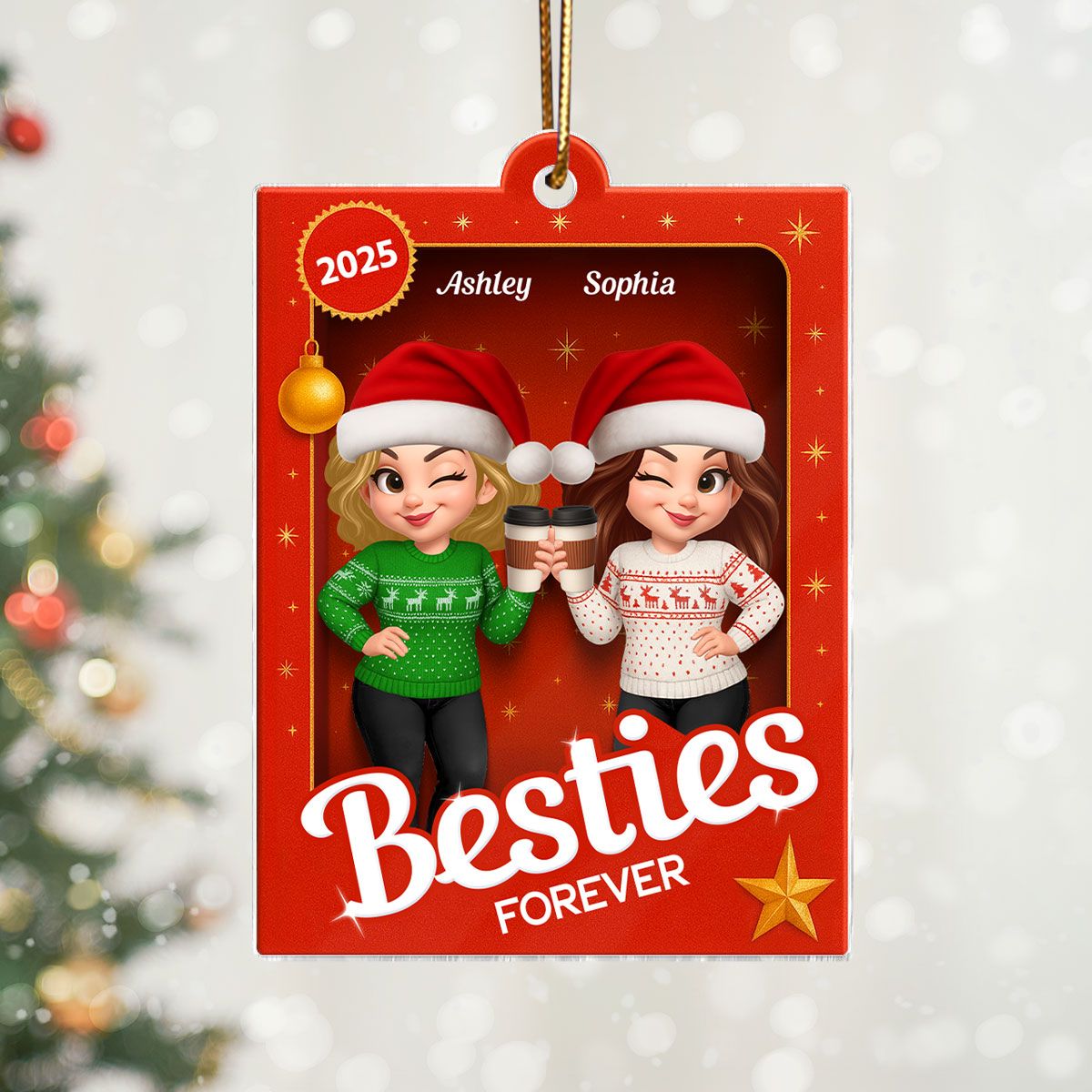 Besties Sisters 3D Effect Holiday Toy Box Personalized Acrylic Ornament, Christmas Gift for Besties, Best Friends