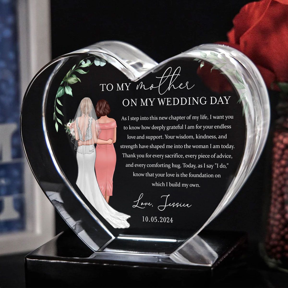 Personalized Wedding Mother of the Bride Gift from Daughter, a Treasure Forever Custom Premium Crystal Heart LED