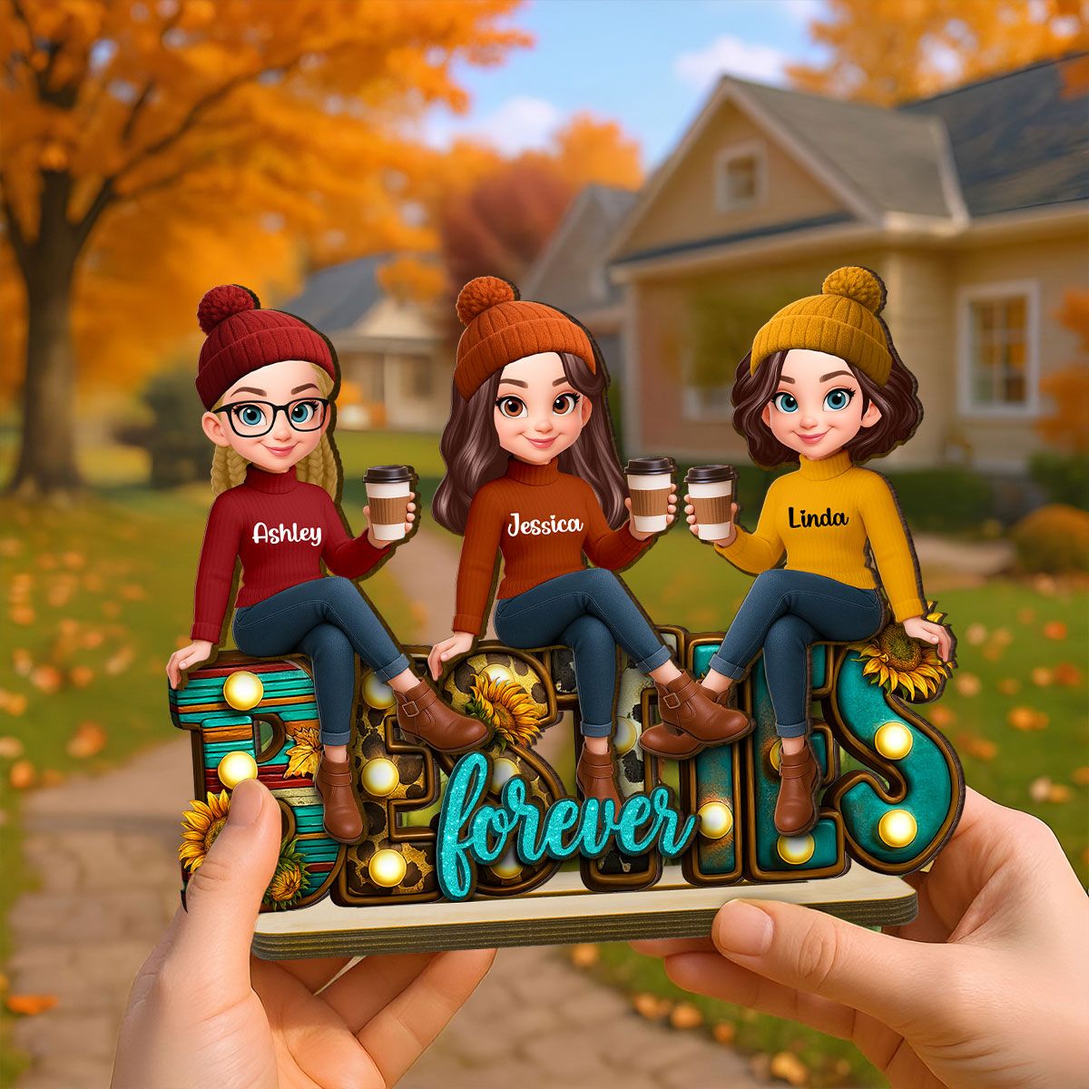 Western Fall Vibe Besties Sitting Personalized Standing Wooden Plaque, Fall Gift for Best Friends