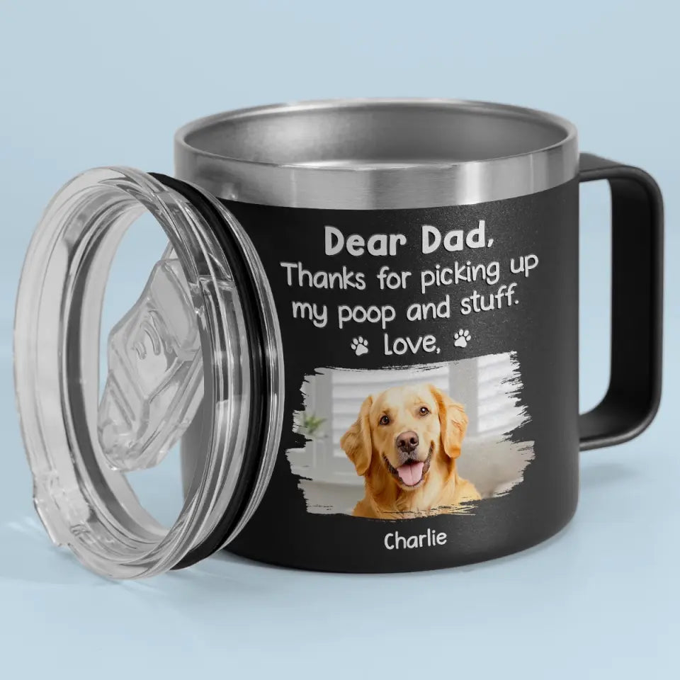 Custom Photo Thanks For Picking My Stuff - Dog & Cat Personalized Custom 14oz Stainless Steel Tumbler With Handle - Father's Day, Gift For Pet Owners, Pet Lovers