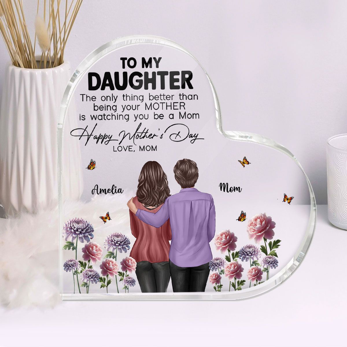 To My Daughter From Mom Happy Mother's Day Birth Flower Personalized Heart Acrylic Block Plaque