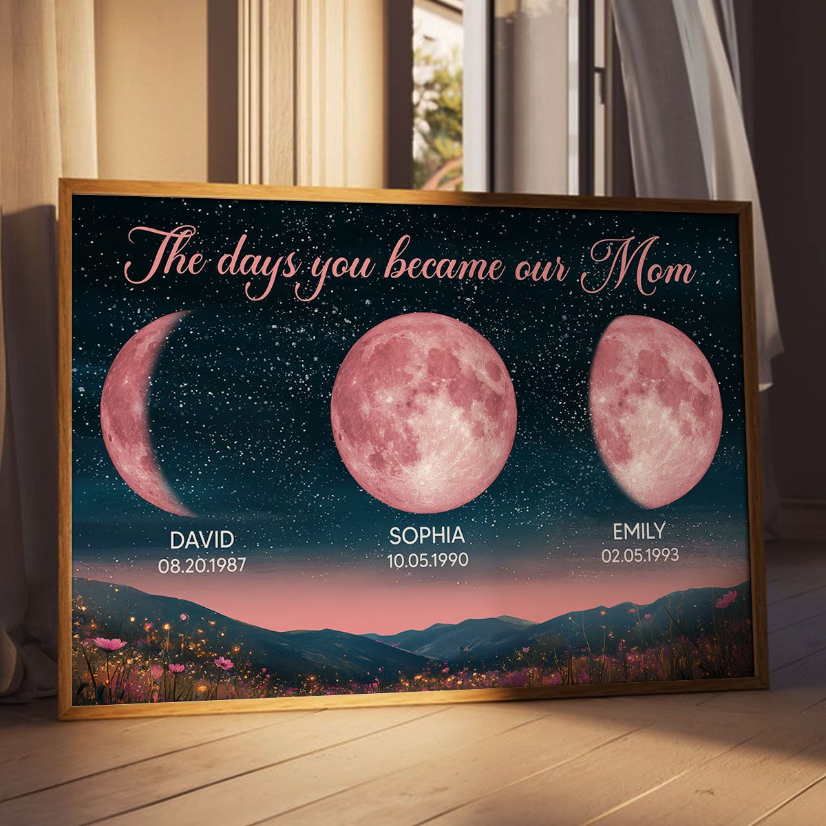 Personalized Birth Moon Canvas, Pink Moon Phase | A Heartfelt Gift for Mom’s Birthday, Mother’s Day, or Just Because