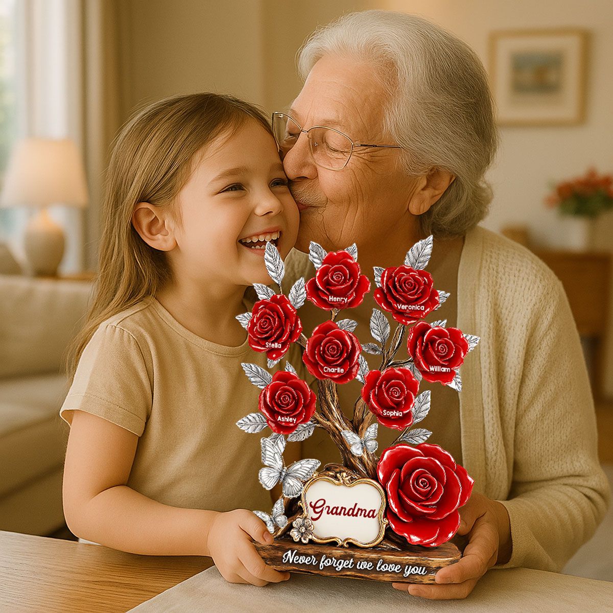 Mom Grandma & Kids Names On Roses Personalized Acrylic Block Plaque