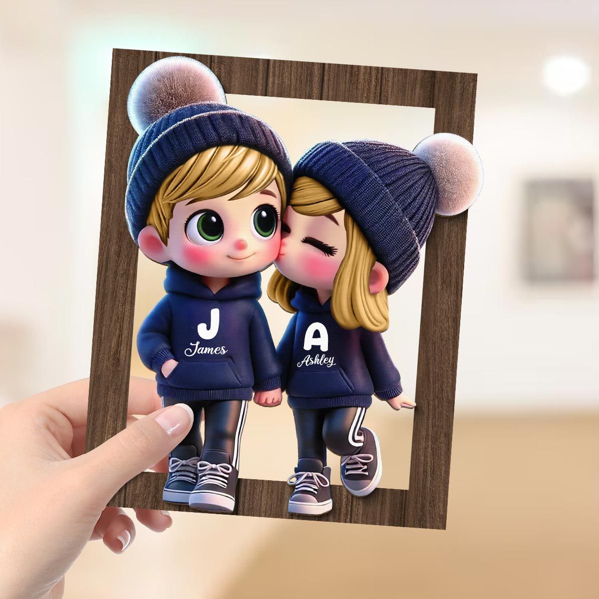 Cute Cartoon Couple Walking Personalized 2-Layered Wooden Plaque, Gift for him, Gift for her
