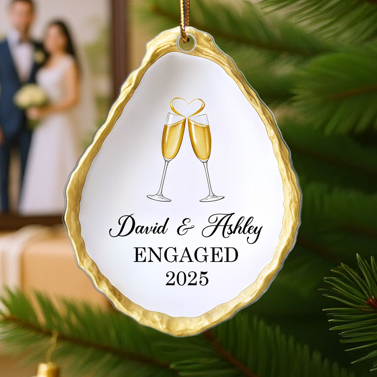 Oyster Shell Shaped Couple Engaged Personalized Flat Acrylic Ornament, Gift For Newly Engaged Couple