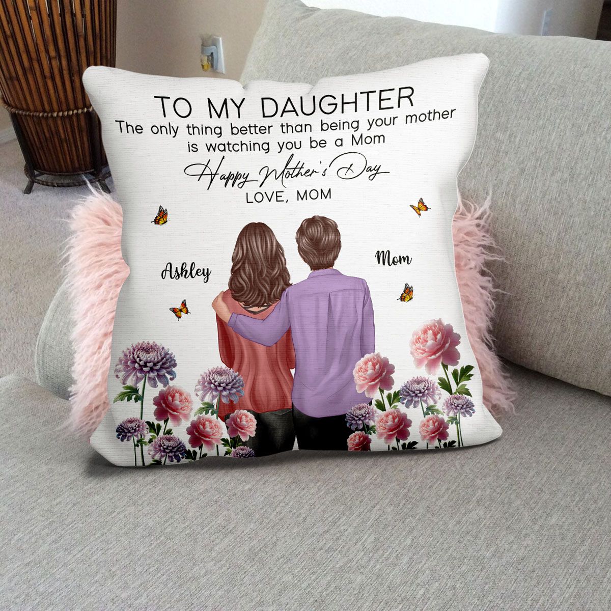 To My Daughter From Mom Happy Mother's Day Birth Flower Personalized Pillow, Mother's Day Gift For Daughter