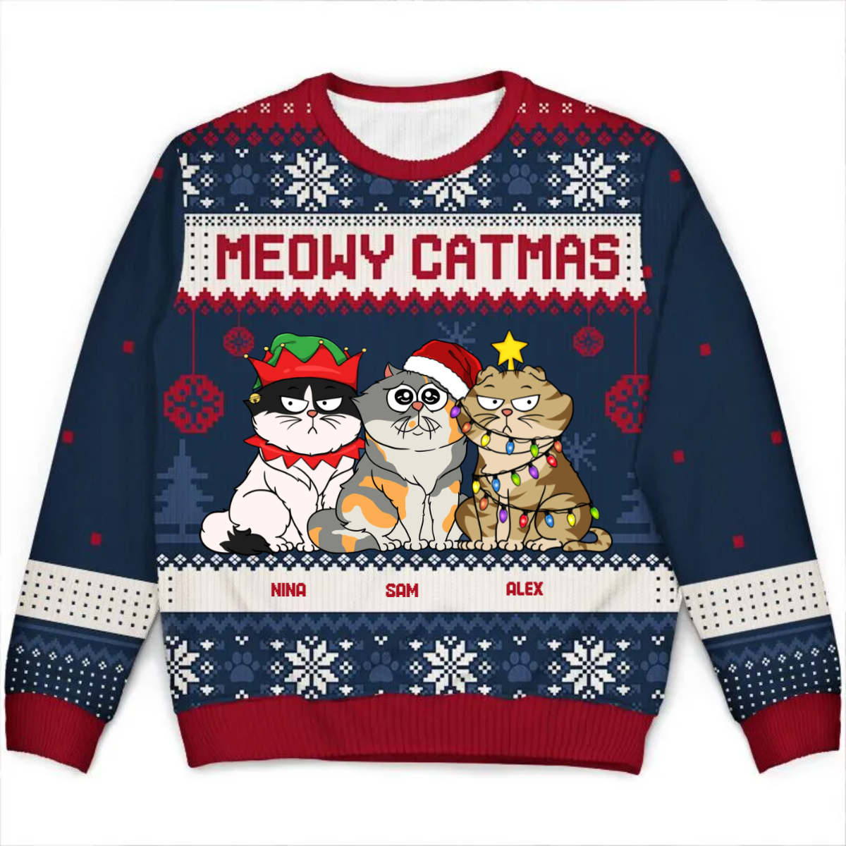 Meowy Catmas Funny Cartoon Cats - Christmas Gift For Cat Lovers, Cat Moms, Cat Dads - Personalized Unisex Ugly Sweater