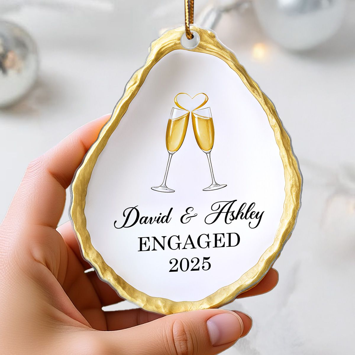 Oyster Shell Shaped Couple Engaged Personalized Flat Acrylic Ornament, Gift For Newly Engaged Couple