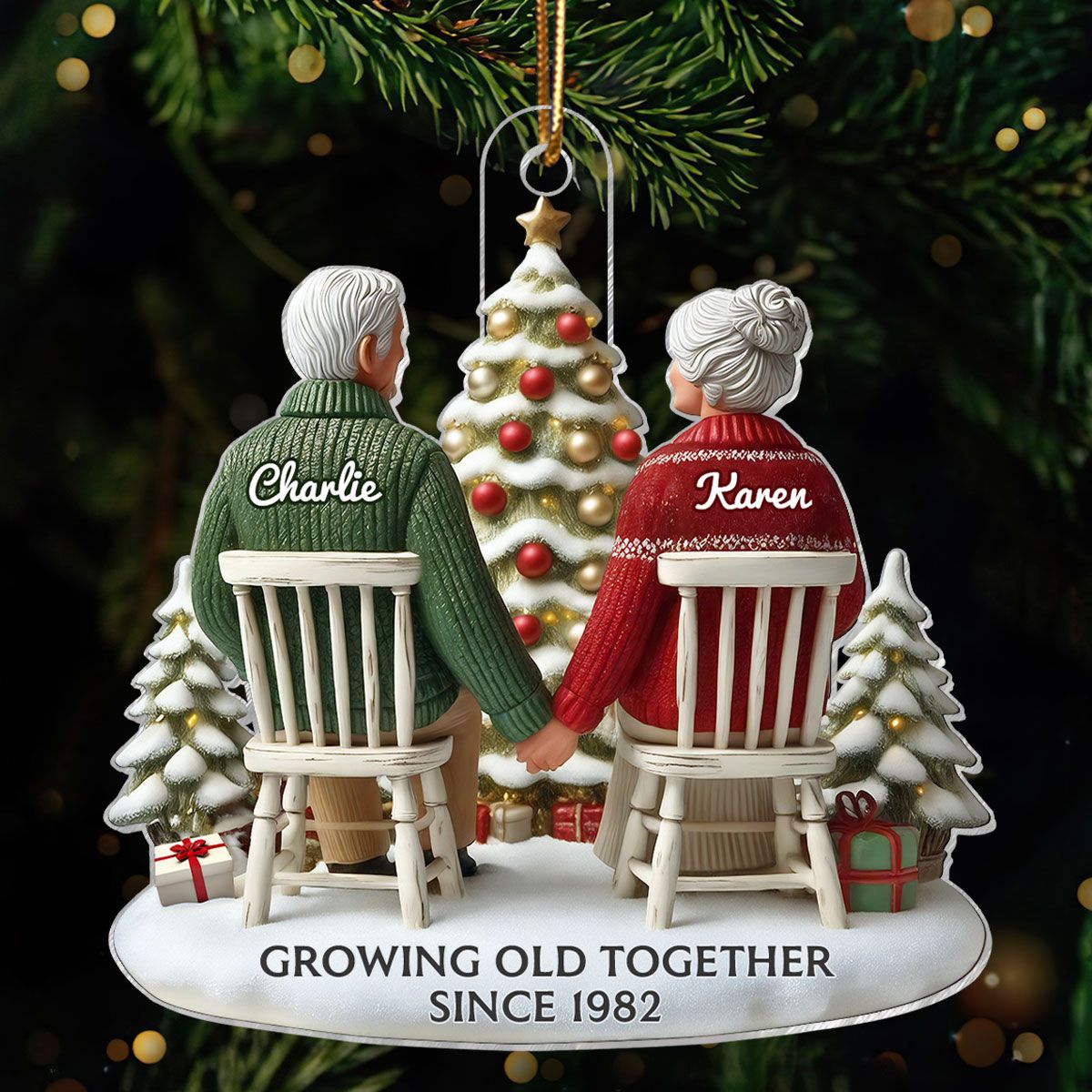 Old Couple Growing Old Together Christmas Personalized Flat Acrylic Ornament, Christmas Gift For Him, For Her, Husband, Wife