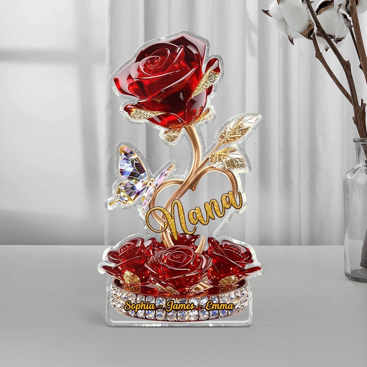 Beautiful Rose For Grandma Mom Realistic 3D Effect Personalized Flat Acrylic Block Plaque