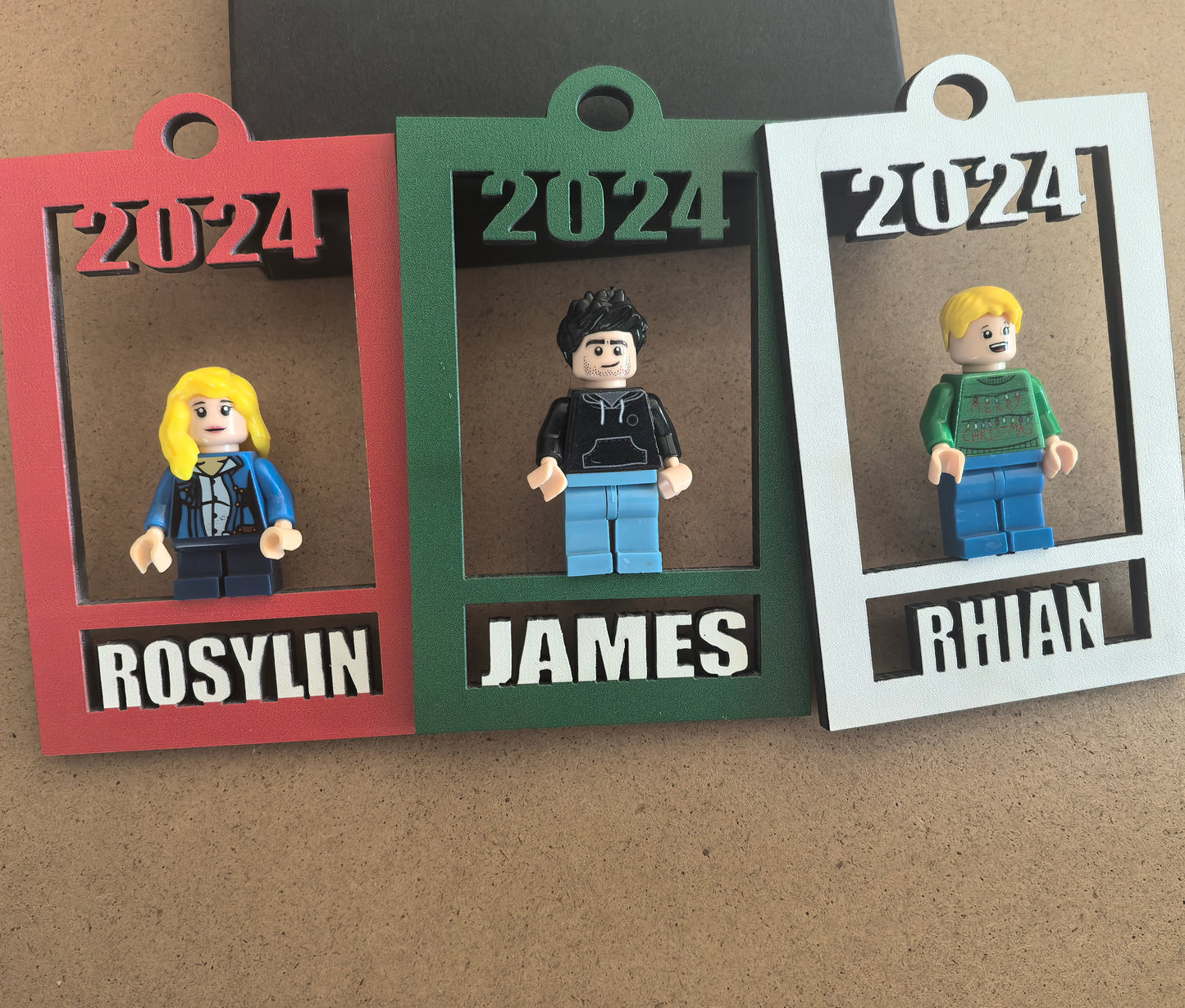 Brick Minifigure Holder Ornament w/ Name & Holiday Minifigure, Personalized Minifig Holder, Brick Christmas Ornament, Customized Unique Gift