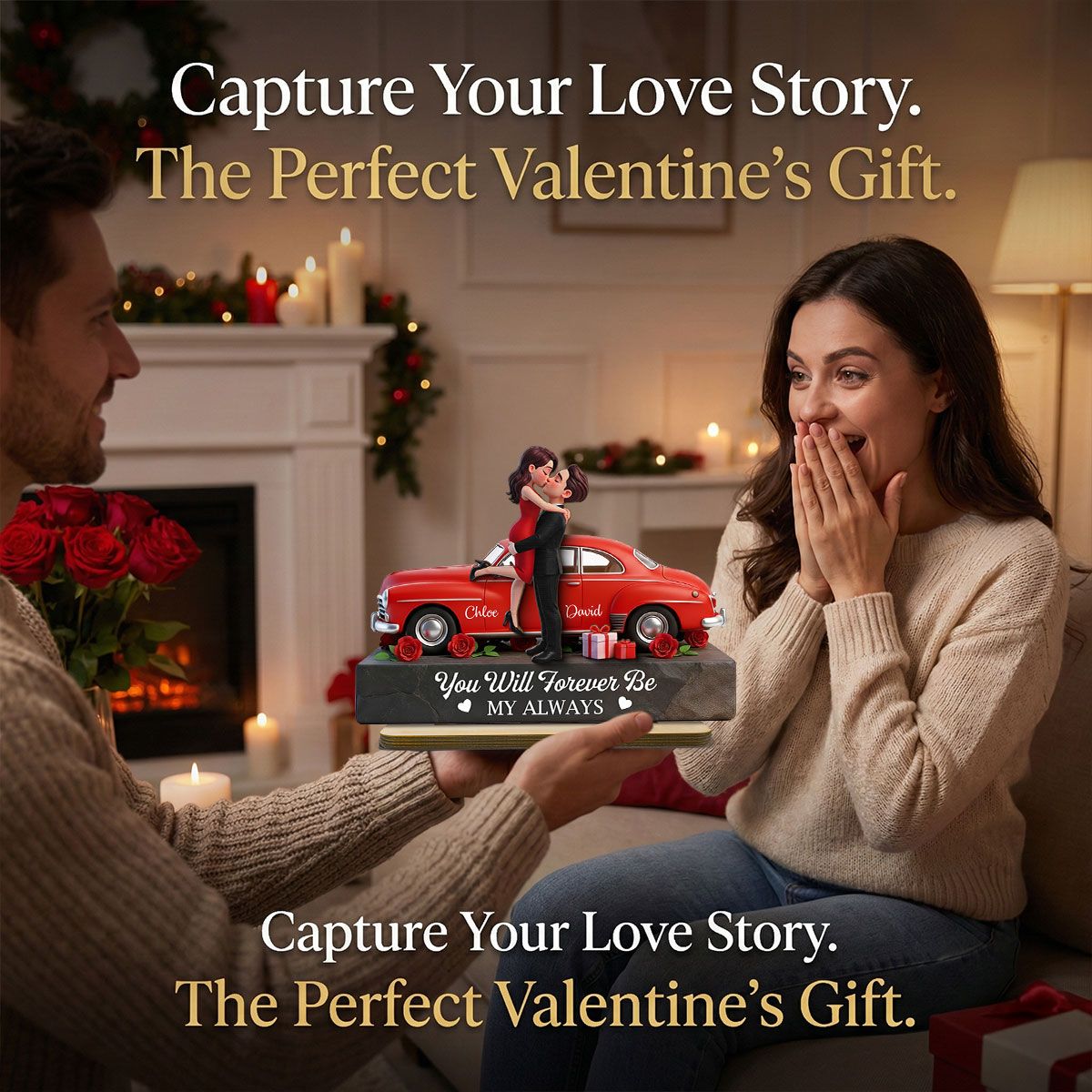 Romantic Couple Hugging Kissing Valentine Car - Personalized 2-Layered Wooden Plaque - Valentine's Day Gift For Couple