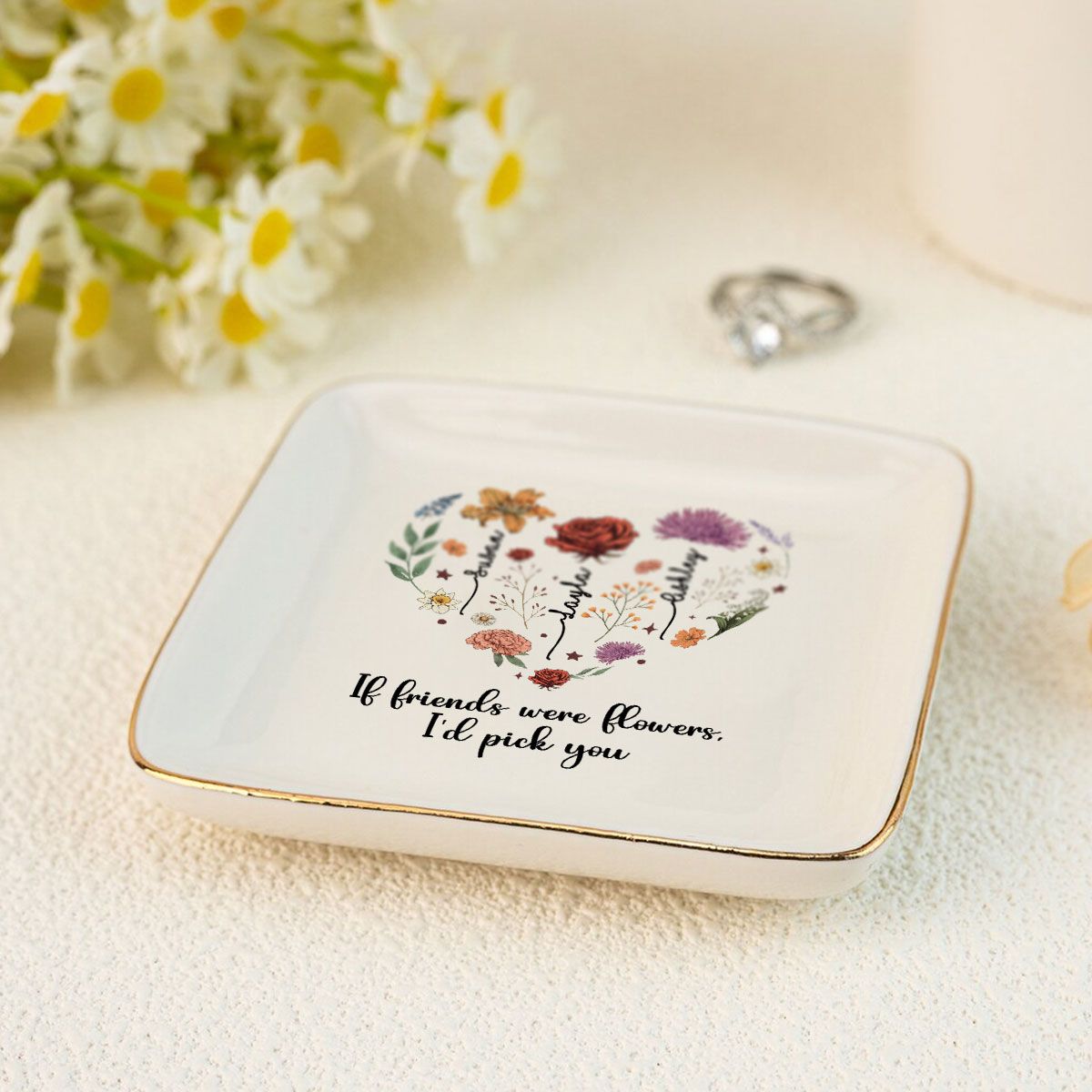 Birth Month Flowers Sisters Besties Friends Heart Personalized Jewelry Dish