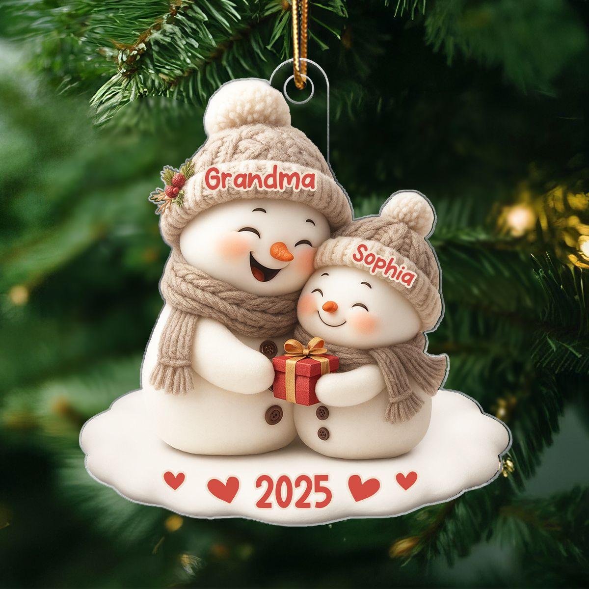 Snowman Grandma Hugging Grandkid Personalized Acrylic Ornament