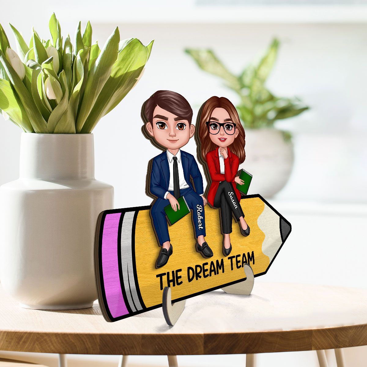 Doll Teacher Best Friends Colleagues Sitting On Pencil Personalized 2-Layer Wooden Plaque, Back To School Gift, Teacher Appreciation Gift, Classroom Decor