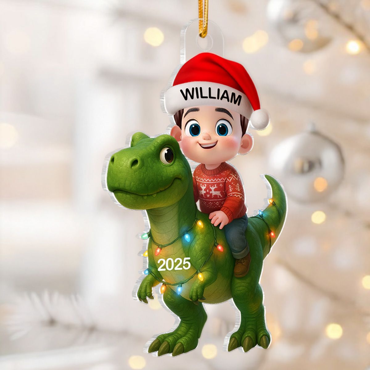 3D Effect Cute Cartoon Kid With Dinosaur Christmas Personalized Acrylic Ornament