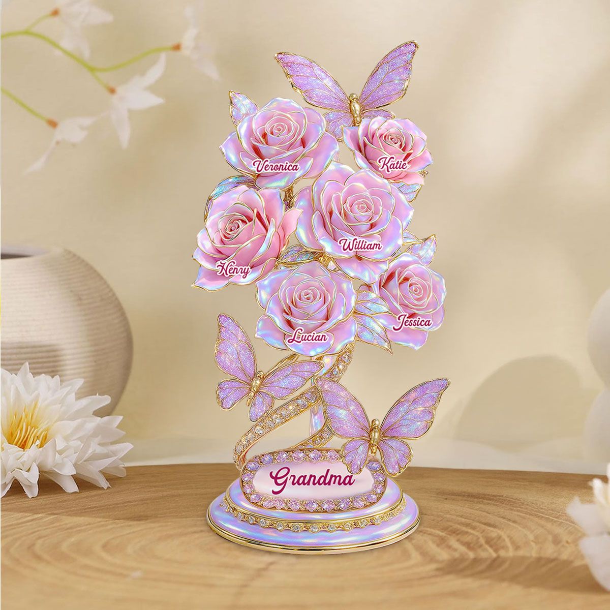 Beautiful Roses With Kids Names Pearl & Stone Effect Personalized Flat Acrylic Block Plaque