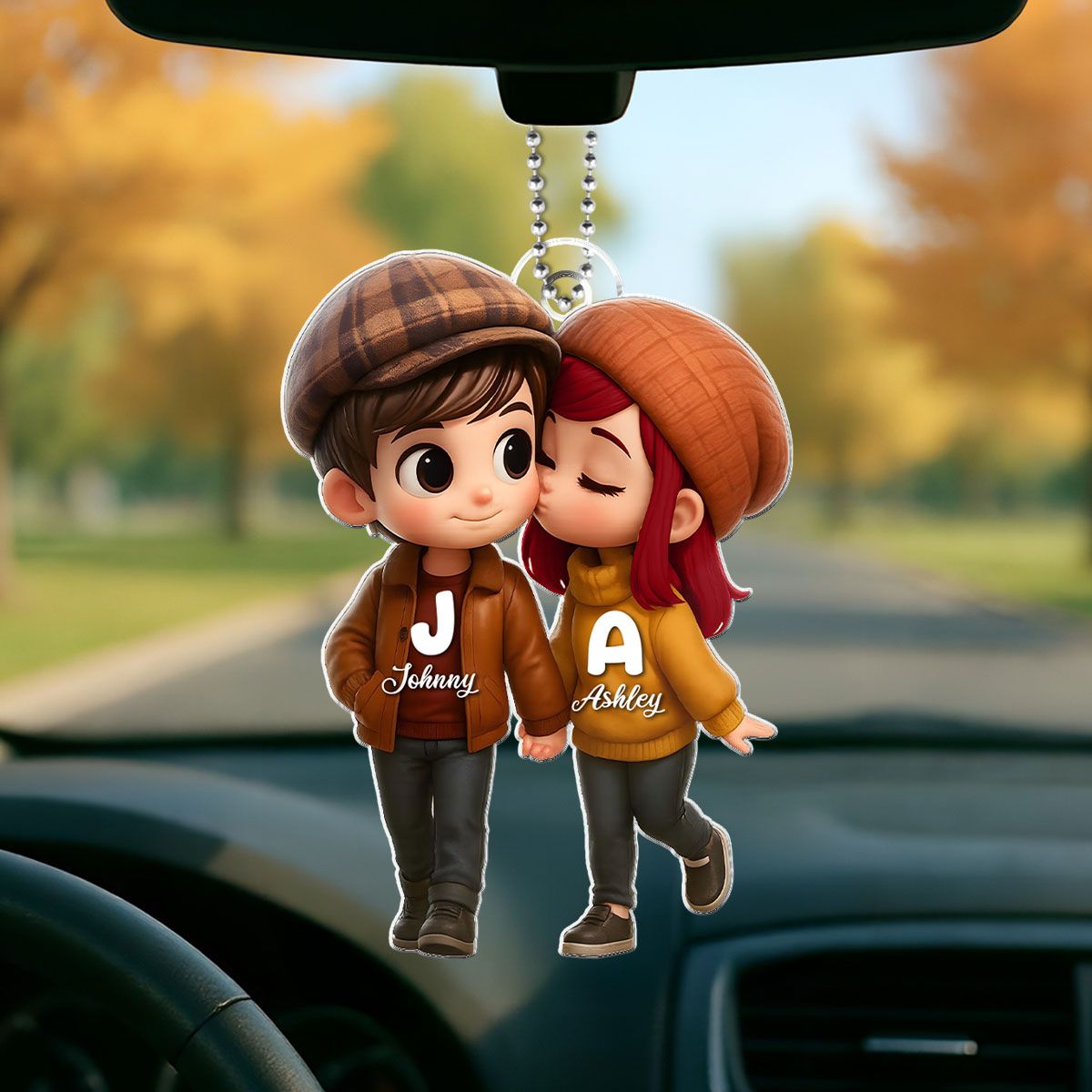 Fall Season 3D Effect Cute Cartoon Couple Walking Personalized Car Ornament, Perfect Gift for him, Gift for her