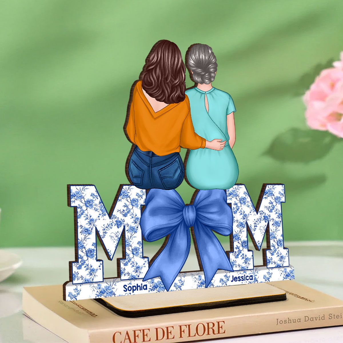 Mother Daughters Blue Floral Chinoiserie Personalized Standing Wooden Plaquer, Mother's Day Gift