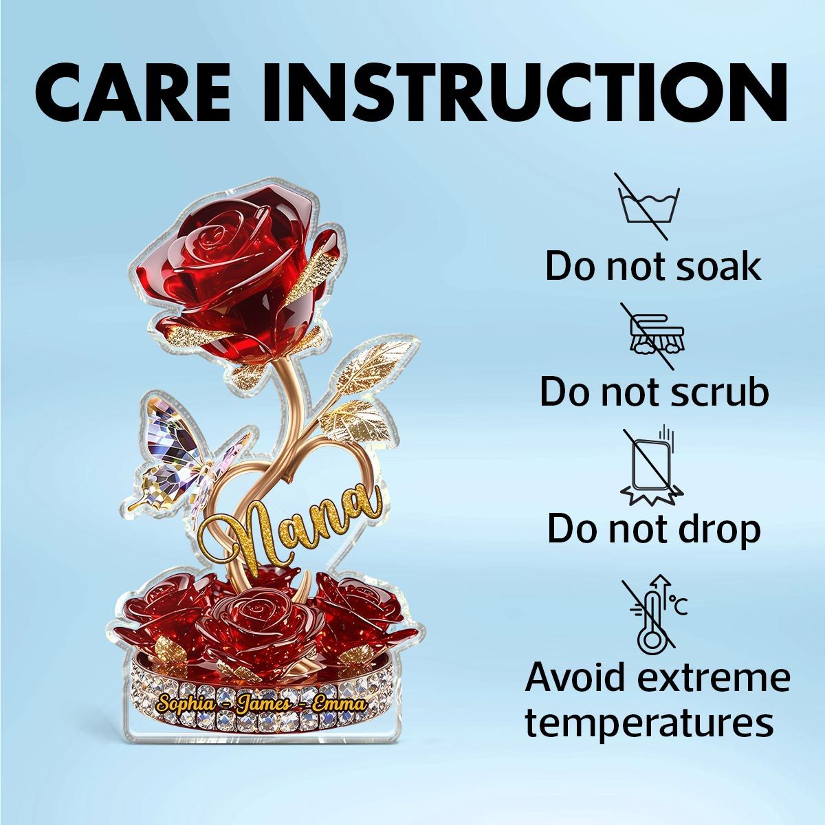 Beautiful Rose For Grandma Mom Realistic 3D Effect Personalized Flat Acrylic Block Plaque