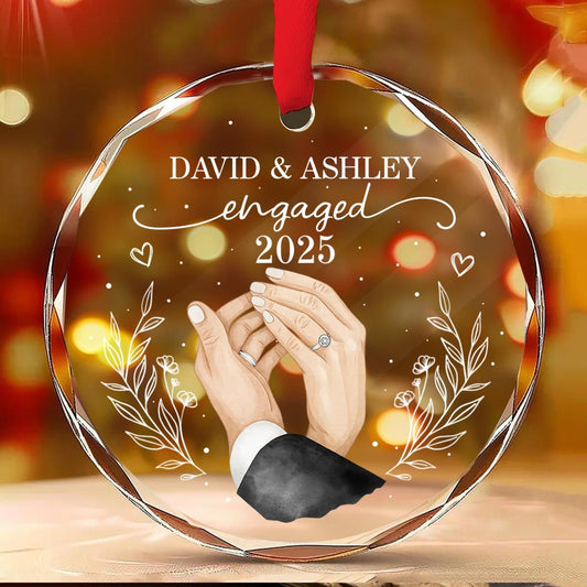 Couple Hands Forever Love First Christmas Engaged Personalized Glass Ornament, Gift For Newly Engaged Couple