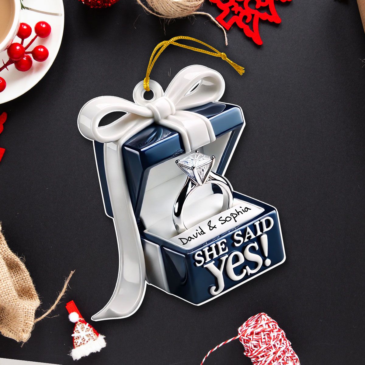 Personalized Blue Engagement Ring Box Personalized 2D Flat Acrylic Ornament, Anniversary Gift for Couple