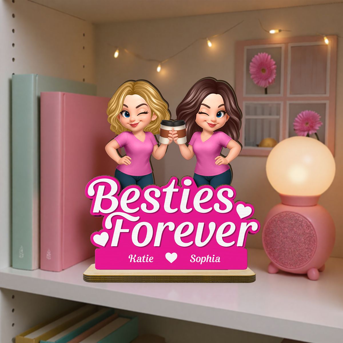 Beautiful Besties Pink Tone Personalized Flat 2-Layer Standing Wooden Plaque