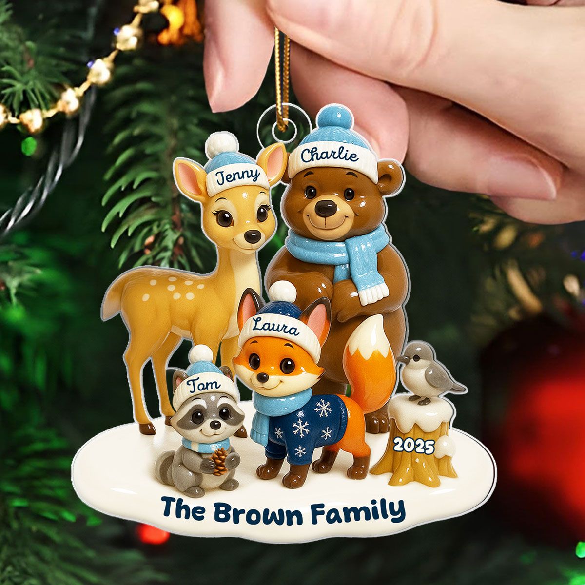 3D Effect Woodland Family Personalized Acrylic Ornament, Christmas Decor