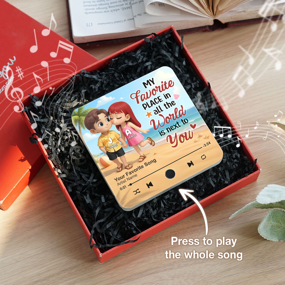 My Favorite Place in All the World is Next to You, Summer Cartoon Couple Personalized Music Fridge Magnet