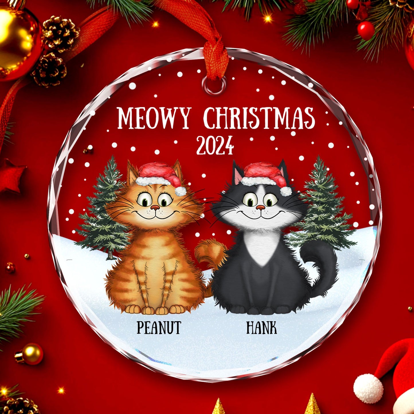 Meowy Christmas Winter Realistic Theme Quirky Cats Personalized Glass Ornament