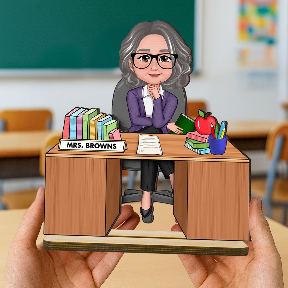 Teacher Sitting At Desk Personalized 2-Layer Standing Wooden Plaque, Back To School Gift