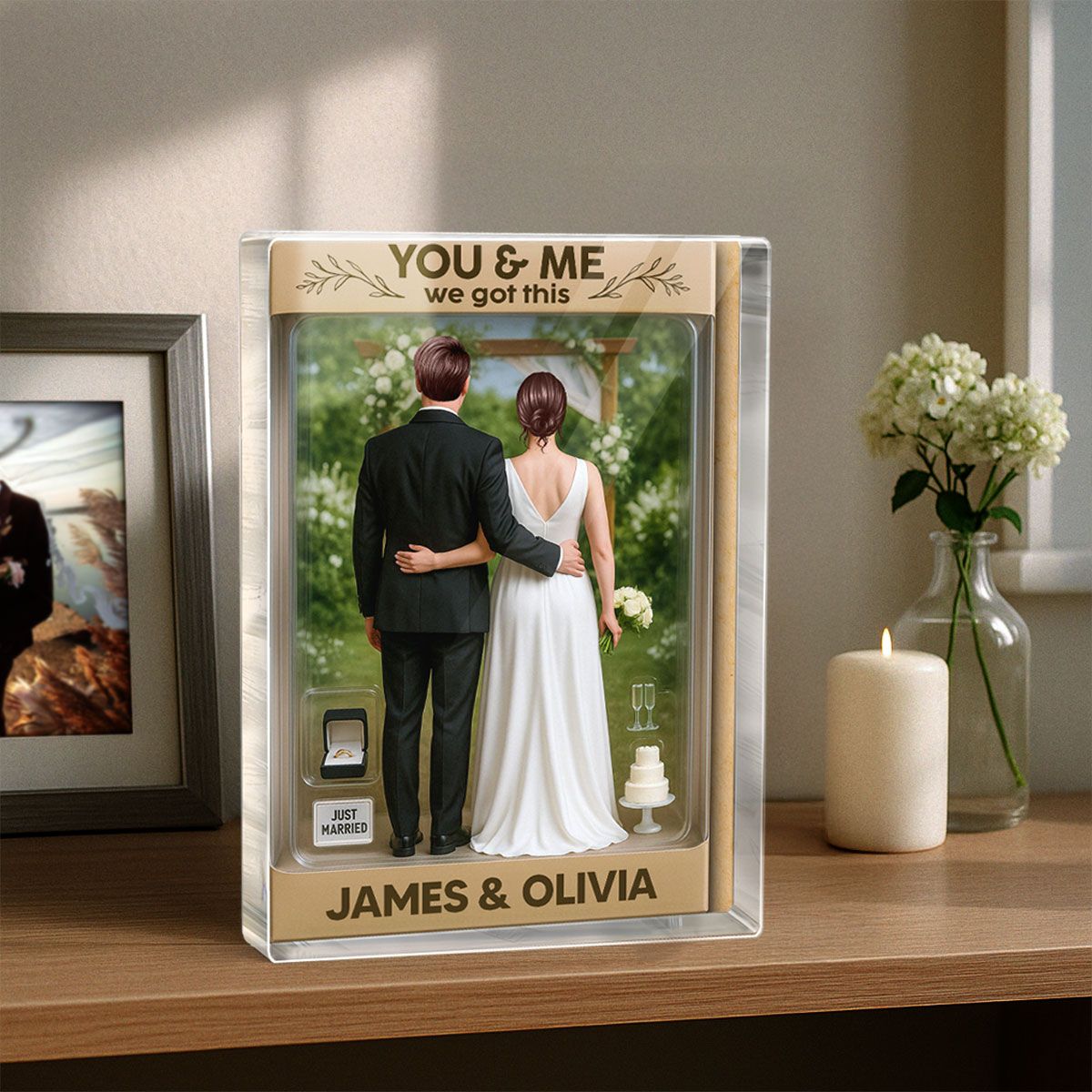 Bride & Groom Couple Toy Box Figures Style Garden Wedding Theme Personalized Acrylic Block Plaque, Wedding Gift, Newlyweds Gift