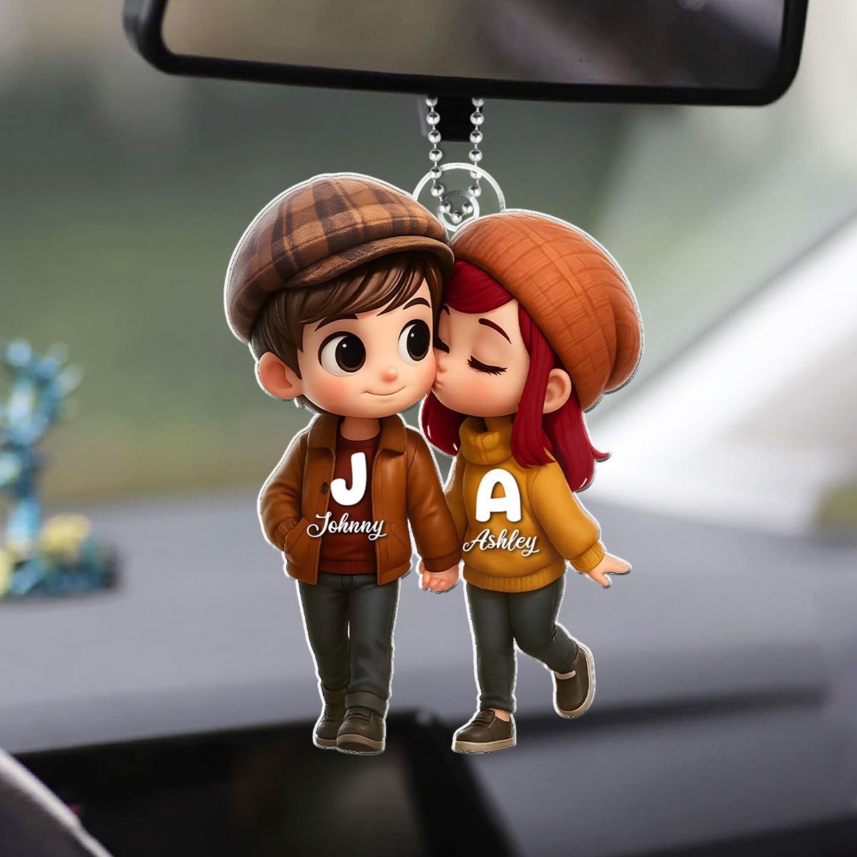 Fall Season 3D Effect Cute Cartoon Couple Walking Personalized Car Ornament, Perfect Gift for him, Gift for her