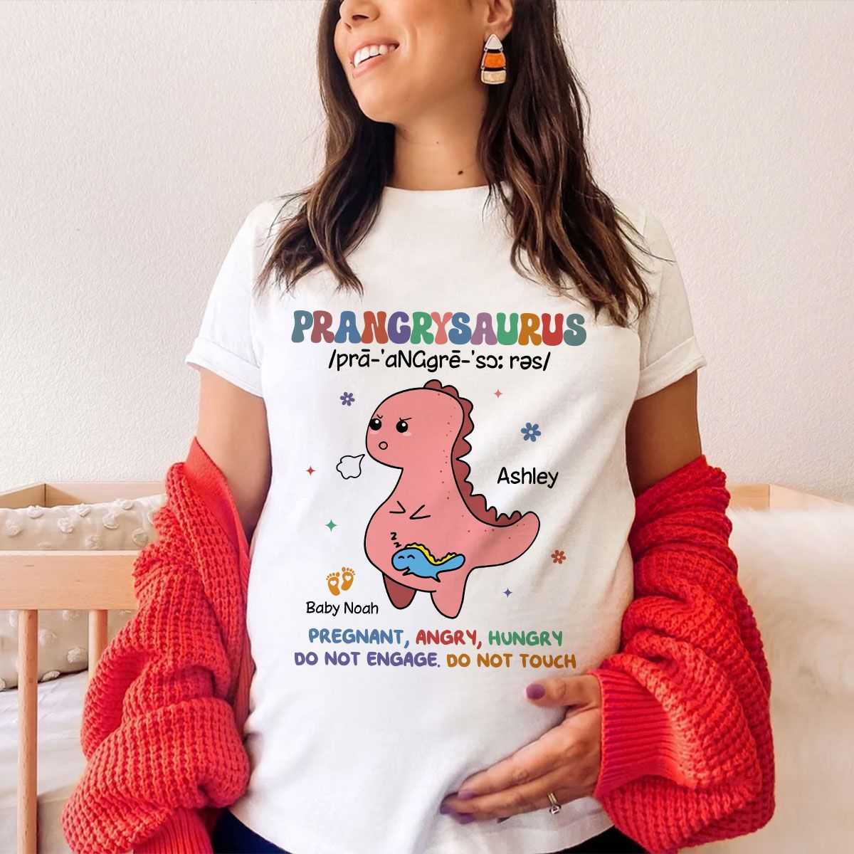 Prangrysaurus Retro Style Personalized Shirt, Custom Pregnancy Reveal Shirt, Mother's Day Gift For Expecting Moms