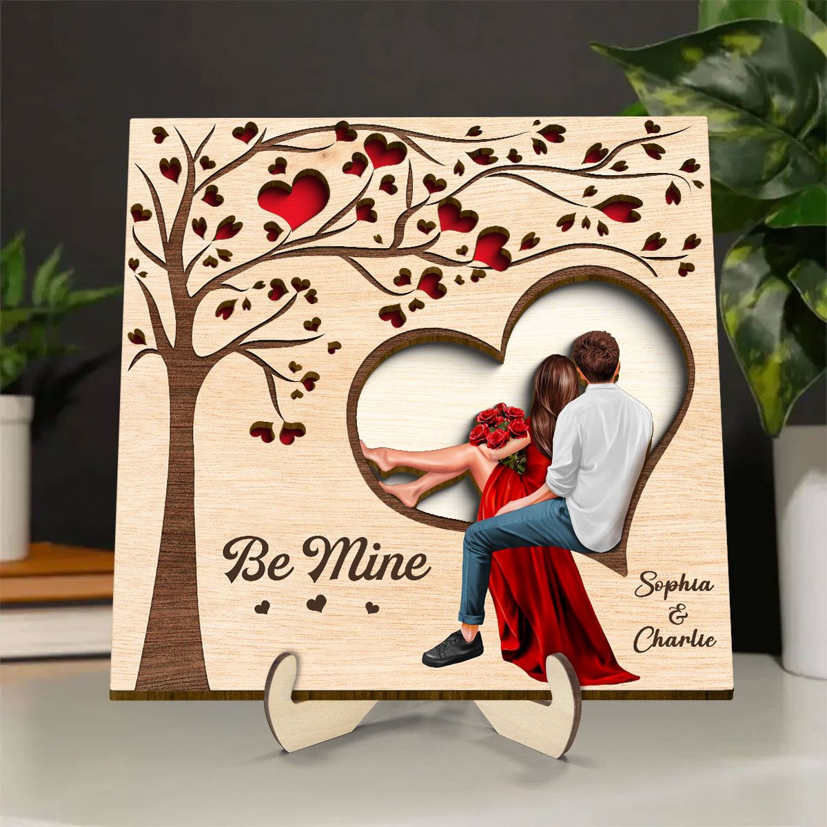 Couple Heart Tree Engraved Personalized 2-Layer Wooden Plaque, Valentine‘s Day Gift, Anniversary Gift For Him, For Her